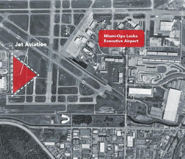 Business Aviation Group Aerial view of Miami-Opa Locka Executive Airport showing runways and buildings. A red shaded area labeled "Jet Aviation" is highlighted, providing a clear visual reference for the location of key facilities.