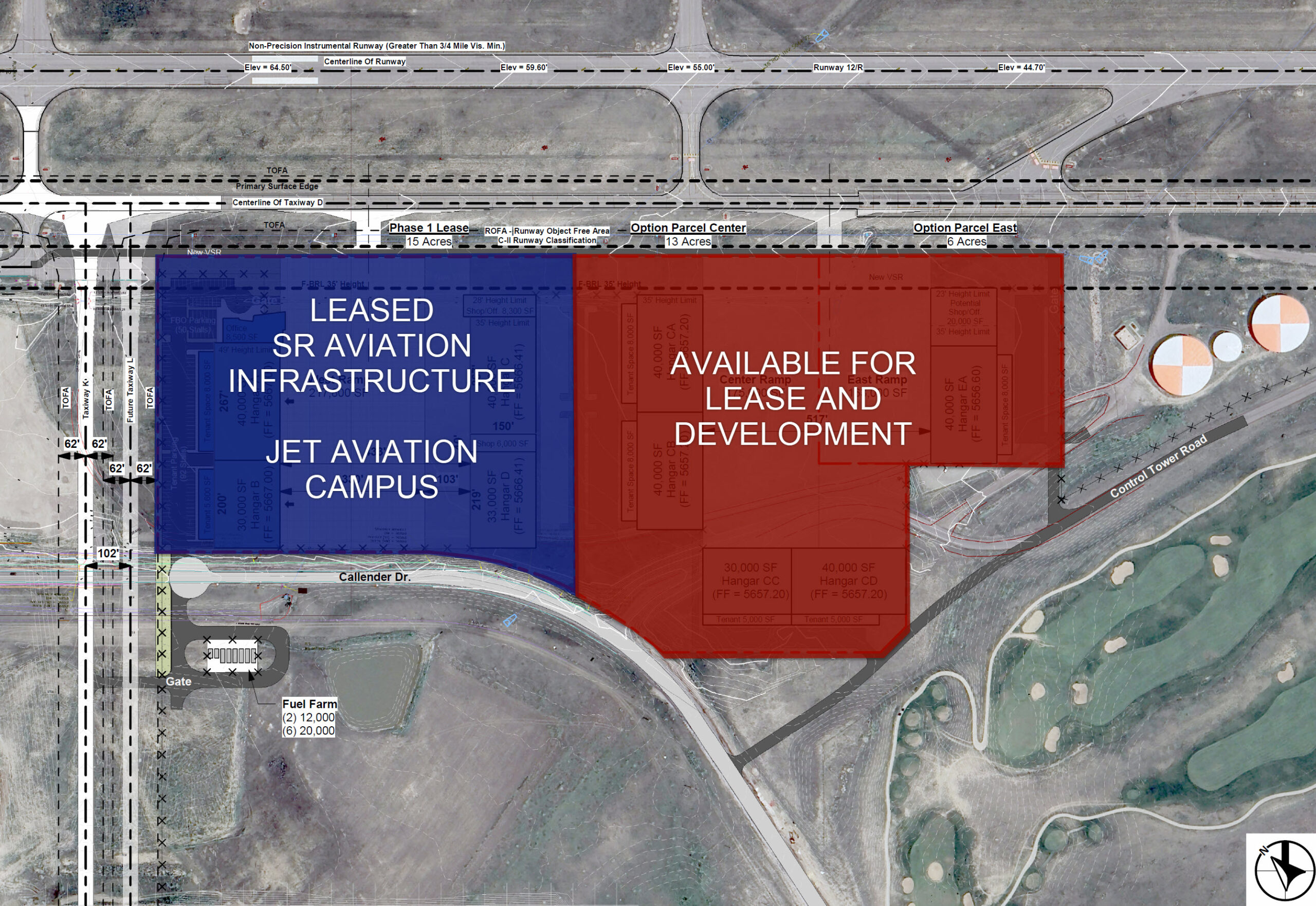 Business Aviation Group Aerial map of Rocky Mountain Metropolitan Airport (BJC) shows two labeled sections: "Leased SR Aviation Infrastructure Jet Aviation Campus" in blue and "Available for Lease and Development" in red. Roads and golf course are also visible.